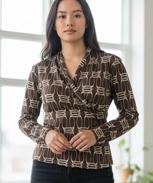 Vintage Y2K Prima Bella Chain Pattern Poly Knit Surplice Blouse in Brown & Cream